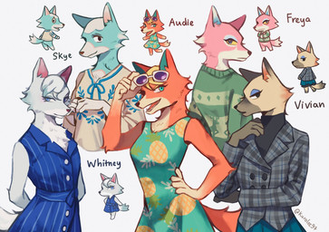 anthro black_eyes blonde_hair blue_body blue_eyes blue_fur bottomless bottomwear brown_body brown_fur brown_nose claws clothed clothing crossed_arms dipstick_tail dress eyelashes eyewear female fur group hair hand_on_hip hands_behind_back jacket looking_at_viewer looking_back markings multicolored_body multicolored_fur multicolored_tail open_mouth orange_body orange_fur pink_body pink_fur shirt short_hair simple_background skirt standing sunglasses sweater tail tail_markings tan_body tan_fur text topwear two_tone_body two_tone_fur white_background white_body white_fur yellow_sclera kurolee97 animal_crossing nintendo audie_(animal_crossing) freya_(animal_crossing) skye_(animal_crossing) vivian_(animal_crossing) whitney_(animal_crossing) canid canine canis mammal wolf english_text hi_res signature