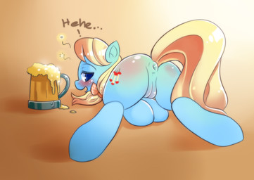 alcohol anus beverage blonde_hair blush body_blush butt butt_blush drunk female feral food genitals hair looking_back lying nude on_front open_mouth presenting presenting_hindquarters presenting_vulva rear_view simple_background solo substance_intoxication tail text vulva vulva_blush princess_hinghoi hasbro my_little_pony apple_cider_(mlp) equid equine horse mammal pony 2013 english_text