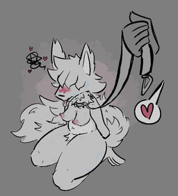 anthro blush breasts collar erect_nipples female fluffy fluffy_tail heart_symbol leash leash_pull nipples small_breasts solo tail zzx canid canine canis mammal wolf 2021