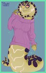 anthro apode bottomless clothed clothing eyewear fangs female glasses half-closed_eyes legless looking_at_viewer narrowed_eyes serpentine simple_background smile solo sweater teeth topwear trissyfen amber_(trissyfen) draconcopode naga reptile scalie snake absurd_res hi_res