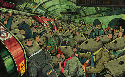 ambiguous_gender anthro backpack claws clothed clothing crowd fur grey_body grey_fur group necktie open_mouth pink_nose shirt sign slice_of_life teeth text topwear train vehicle whiskers steve_cutts mammal murid murine rat rodent english_text signature