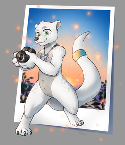 3_toes 4_fingers anthro biped camera claws countershade_fur countershade_torso countershading eyebrows feet fingers fur holding_camera holding_object male smile solo tail toes white_body white_fur haychel mammal mustelid otter 2023 absurd_res hi_res
