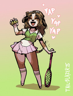 anthro ball bottomwear breasts brown_body brown_hair clothing eyes_closed female footwear hair holding_tennis_ball open_mouth pink_bottomwear pink_clothing pink_skirt simple_background skirt smile socks solo standing tail tennis_ball tennis_racket tail-blazer canid canine canis domestic_dog mammal 2025 digital_media_(artwork) hi_res