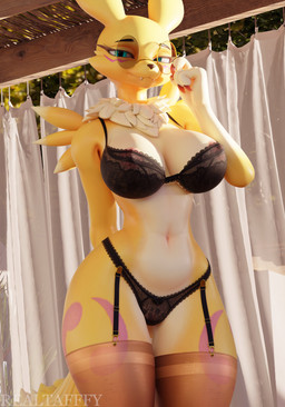 anthro areola areola_slip bedroom_eyes big_breasts black_bra black_claws black_clothing black_eyebrows black_lingerie black_nose black_panties black_underwear blue_eyes bra breasts cheek_tuft claws cleavage clothed clothed_anthro clothed_female clothing cute_fangs dipstick_tail double_tomoe eyebrows eyelashes eyewear facial_markings facial_tuft fangs female female_anthro fluffy fluffy_tail front_view fur fur_markings garter_straps genitals glasses gloves_(marking) half-closed_eyes hand_behind_back head_markings leg_markings legwear lingerie mane markings multicolored_body multicolored_fur multicolored_tail narrowed_eyes navel neck_tuft nipples panties pince-nez pink_areola pink_nipples pupils purple_markings seductive small_waist smile solo tail tail_markings tail_tuft teeth text thigh_highs thigh_markings tomoe_(symbol) translucent translucent_bra translucent_clothing translucent_underwear tuft underwear vulva wearing_glasses white_body white_breasts white_fur white_mane white_tail yellow_body yellow_ears yellow_fur yellow_tail realtafffy flapcats_(modeler) mayosplash_(modeler) bandai_namco digimon digi_(yourdigimongirl) fan_character canid digimon_(species) mammal renamon 2025 3d_(artwork) absurd_res artist_name digital_media_(artwork) hi_res