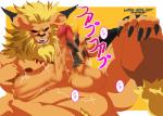 2017 abs balls bandai_namco biceps blonde_hair claws digimon digimon_(species) ear_piercing erection eyes_closed felid genitals hair hi_res humanoid_genitalia humanoid_penis japanese_text leomon logan_sato long_ears looking_pleasured male mammal mane masturbation muscular muscular_male nipples pecs penile penile_masturbation penis piercing scar sharp_teeth smile smirk solo teeth text translation_request vein