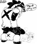 4_fingers accent anthro arm_tuft backsack balls big_balls big_penis biped bodily_fluids british butt claws dialogue disrespect drooling evil_grin eye_markings facial_markings fingers foreskin fur fur_tuft genital_fluids genitals head_markings holding_penis huge_balls huge_penis hyper hyper_balls hyper_genitalia hyper_penis insult insulting_viewer looking_back male male_peeing mane markings motion_lines multicolored_ears naughty_face nude onomatopoeia peeing penis perineum pointy_ears pokeball prick_ears profanity pseudo_clothing rear_view saliva sharp_teeth shoulder_tuft simple_background smile snout solo sound_effects speech_bubble standing teeth text toe_claws tuft two_tone_ears urine urine_pool watersports white_background nargleflex nintendo pokemon generation_8_pokemon mammal mustelid obstagoon pokemon_(species) 2019 black_and_white digital_drawing_(artwork) digital_media_(artwork) english_text full-length_portrait hi_res monochrome portrait