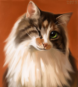 ambiguous_gender big_pupils brown_markings feral fluffy fur green_eyes long_fur markings one_eye_closed orange_background orange_markings pink_nose pupils simple_background solo whisker_spots whiskers white_body white_fur wink alexpahomov domestic_cat felid feline felis mammal 2022 digital_media_(artwork) digital_painting_(artwork) hi_res painting_(artwork)