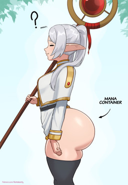 big_butt biped breasts butt clothed clothing eyelashes female glistening glistening_body holding_object holding_staff huge_butt legwear not_furry side_view smile solo staff thick_thighs topwear superbusty evil_container frieren_beyond_journey's_end frieren elf humanoid hi_res meme
