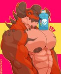 abs anthro barazoku big_muscles big_nipples big_pecs bottle container demonic exclamation_point horn huge_muscles looking_at_viewer male moobs muscular muscular_anthro muscular_male nipples nude pecs scales sharp_teeth simple_background smile solo spikes spikes_(anatomy) teeth water_bottle tylerstark fallout microsoft fan_character deathclaw monster scalie 2021 absurd_res hi_res meme