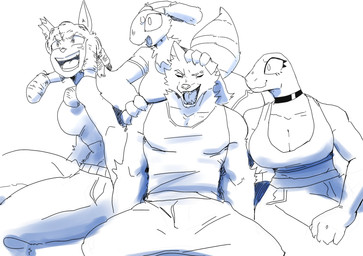 anthro bottomwear breasts cleavage clothed clothing collar dreadlocks eyes_closed female floppy_ears group hand_on_head hand_on_shoulder looking_away looking_up male open_mouth open_smile pants shirt smile topwear goonie-san goon_(goonie_san) mercy_(goonie-san) niki_(goonie-san) arthropod bee canid canine canis domestic_dog hymenopteran insect mammal reptile scalie hi_res