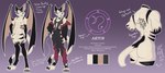 abs anthro back_muscles belt biceps bodysuit bottomwear butt claws clothed clothing color_swatch cuff_(restraint) dark_markings dark_stripes digitigrade ear_piercing ear_ring featureless_crotch finger_claws fur fur_markings grey_hair hair jacket male markings membrane_(anatomy) muscular muscular_anthro nipple_piercing nipples pants pecs piercing pink_eyes rear_view restraints ring_piercing shackles simple_background skinsuit smile solo standing tail tail_tuft tan_body tattoo teeth text tight_clothing toe_claws topwear tuft white_tuft wing_claws wings nuncionull artos_(nuncionull) bat demon humanoid hybrid mammal absurd_res digital_media_(artwork) english_text hi_res model_sheet