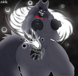anthro areola big_breasts big_butt black_body black_fur black_hair bodily_fluids bone breasts butt female fur genital_fluids genitals hair huge_breasts looking_at_viewer nipples nude open_mouth simple_background skull skull_head smile solo standing tail thick_thighs tongue vulva white_background zadrex scp_foundation scp-1471-a malo mammal absurd_res digital_media_(artwork) hi_res