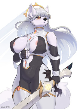 anthro areola black_nose blush bodysuit breasts camel_toe claws clothing female fur grey_hair hair holding_jewelry holding_object holding_weapon jewelry long_hair looking_offscreen melee_weapon nipples orange_eyes pendant pink_areola pink_nipples pupils skinsuit solo standing sword tight_clothing weapon white_body white_fur white_pupils conditional_dnp pkuai lior_(vertigo121) canid canine mammal 2025 hi_res