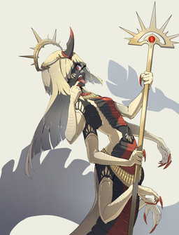 6_arms apode black_body black_skin blonde_hair crown fangs female finger_in_mouth fish_hooking forked_tongue hair headgear holding_object holding_staff horn legless looking_at_viewer multi_arm multi_limb navel one_eye_obstructed open_mouth red_eyes scales serpentine simple_background solo split_form staff teeth tiara tongue tongue_out white_background egocider draconcopode lamia reptile scalie snake absurd_res hi_res