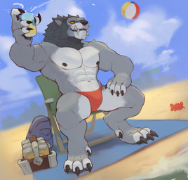 4_fingers 4_toes abs amber_eyes amber_sclera anthro arm_tuft bag ball barazoku beach beach_ball beach_chair beverage biceps black_hair black_lips canned_drink chair claws clothed clothing cloud digitigrade fangs feet finger_claws fingers fur furniture grey_body grey_fur hair holding_beverage holding_object inflatable lips looking_at_viewer male mane mane_hair muscular muscular_anthro muscular_male nipples outside pawpads pecs quads sand sharp_teeth shoreline shoulder_tuft sitting skimpy sky solo speedo speedo_only swimwear teeth toe_claws toes topless triceps tuft water notsophatmatt blizzard_entertainment warcraft arthropod canid crab crustacean decapod malacostracan mammal werecanid werecreature worgen 2025 absurd_res hi_res