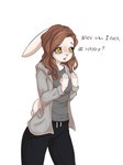 5_fingers anthro breasts brown_hair clothed clothing eyebrows eyelashes female fingers hair simple_background solo text white_background alasou lagomorph leporid mammal rabbit 2021 digital_media_(artwork) english_text hi_res