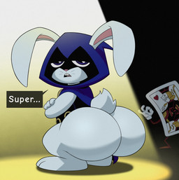 annoyed anthro big_butt blue_eyes bottom_heavy buckteeth butt card cloak clothing crossed_arms dialogue duo ellipsis female fur huge_butt implied_transformation jack_of_hearts looking_at_viewer looking_back open_mouth pear-shaped_figure playing_card semi-anthro simple_background speech_bubble tail teeth text thick_thighs whiskers white_body white_fur wide_hips spunkmcfunk dc_comics bunny_raven raven_(dc) animate_inanimate lagomorph leporid mammal rabbit 2025 digital_media_(artwork) english_text hi_res