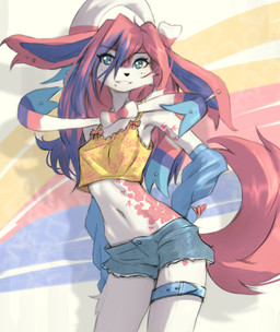 anthro biped bottomwear breasts clothed clothed_anthro clothed_female clothing female fingers front_view fully_clothed fully_clothed_anthro fully_clothed_female fur hair looking_at_viewer navel pants piercing simple_background solo standing tail teeth topwear tinygaypirate nintendo pokemon eeveelution generation_6_pokemon pokemon_(species) sylveon 2026 absurd_res digital_drawing_(artwork) digital_media_(artwork) hi_res