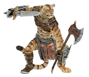 anthro armor axe battle_axe belt black_body black_fur boots bottomwear bracers breastplate clothing dual_wielding ear_piercing footwear fur gauntlets gloves greaves handwear holding_object holding_weapon leather leather_armor loincloth male melee_weapon miniature orange_body orange_fur piercing sculpture shoes simple_background solo statue striped_body striped_fur stripes sword warrior weapon white_background white_body white_fur unknown_artist papo felid mammal pantherine tiger