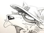 anthro blep bodily_fluids cheek_tuft clothing facial_tuft fur hat headgear headwear male solo sweat sweatdrop text text_on_clothing text_on_hat text_on_headwear tongue tongue_out tuft itagaki_paru beastars legoshi_(beastars) canid canine canis mammal wolf 2020 black_and_white english_text headshot_portrait hi_res monochrome official_art portrait traditional_media_(artwork)