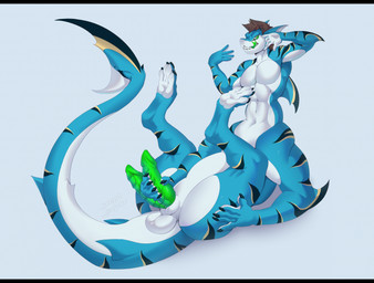 2_penises animal_genitalia animal_penis balls black_bars black_claws black_stripes blue_body claws erection forked_tongue genitals green_eyes green_penis green_tongue holding_penis legs_up male markings multi_genitalia multi_penis muscular muscular_male muscular_taur navel nude pecs penis shark_fin shark_tail sharp_teeth simple_background solo striped_markings stripes teeth tongue white_body yellow_markings sergaljujube aquatic fish fish_taur shark shark_taur taur hi_res letterbox