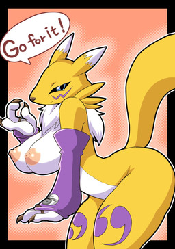anthro armwear armwear_only big_breasts black_sclera blue_eyes breasts bridal_gauntlets bridal_gauntlets_only claws clothing dipstick_ears double_tomoe ear_markings female fur gloves_(marking) long_tail markings mostly_nude multicolored_ears neck_tuft nipples simple_background solo tail thick_thighs tomoe_(symbol) tuft white_body white_breasts white_fur yellow_body yellow_fur yin_yang rapid-rabbit bandai_namco digimon canid digimon_(species) mammal renamon 2025 hi_res