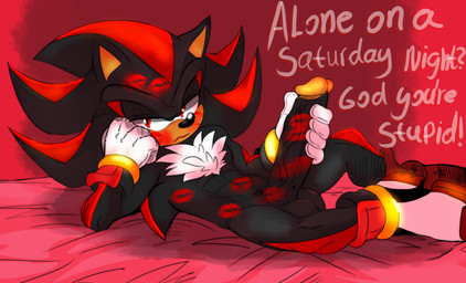 abs anthro balls bed big_balls big_penis black_body clothing fluffy fluffy_chest footwear furniture genitals glans gloves grimace handwear head_on_hand holding_penis huge_penis humanoid_genitalia humanoid_penis kiss_mark kiss_mark_on_belly kiss_mark_on_cheek kiss_mark_on_face kiss_mark_on_forehead kiss_mark_on_penis kiss_marks_all_over looking_at_viewer lying male muscular muscular_anthro muscular_male on_bed on_side penis red_body red_eyes shoes solo text vein veiny_penis yellow_glans lukastarfall sega sonic_the_hedgehog_(series) shadow_the_hedgehog eulipotyphlan hedgehog mammal 2026 absurd_res digital_drawing_(artwork) digital_media_(artwork) english_text hi_res widescreen