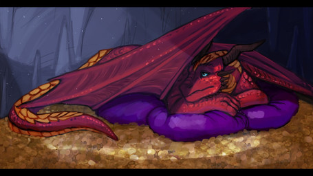 ambiguous_gender blue_eyes brown_horn cheek_spikes coin facial_spikes feral glistening glistening_eyes horn lying membrane_(anatomy) membranous_wings mouth_closed on_front red_body red_scales red_wings scales solo spikes spikes_(anatomy) unsigned wings acidic european_mythology mythology dragon mythological_creature mythological_scalie scalie western_dragon 16:9 full-length_portrait portrait widescreen