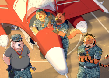 anthro camo camo_clothing camo_print cigar clothing combat_gloves detailed_background dog_tags facial_scar fighter_plane fingerless_gloves fur gloves group handwear hat headgear headwear male military_clothing military_hat military_uniform pattern_clothing scar smoking smoking_cigar striped_body striped_fur stripes uniform white_body white_fur lexer benki_wars captain_dog lieutenant_trouser sergeant_white_(benki_wars) bear canid canine canis domestic_dog felid german_shepherd herding_dog mammal pantherine pastoral_dog polar_bear tiger ursine hi_res