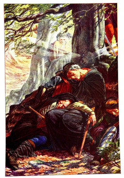 ambiguous_gender art_nouveau clothing day group hair hat headgear headwear historical insect_wings light male outside plant scabbard sleeping_on_another spying sunlight translucent translucent_body tree white_hair wings paul_vincent_woodroffe the_tempest william_shakespeare fairy human humanoid mammal 1908 20th_century ancient_art hi_res traditional_media_(artwork)