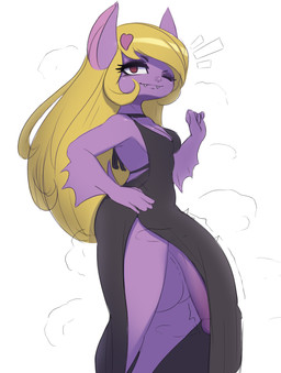 accessory anthro balls big_balls big_penis blonde_hair bodily_fluids clothed clothing dress fancy_dress fur genitals gynomorph hair hair_accessory huge_balls huge_penis hyper hyper_balls hyper_genitalia hyper_penis intersex looking_at_viewer musk one_eye_closed penis pose purple_body purple_fur slit_dress solo sweat wardrobe_malfunction wings wink winking_at_viewer plundered el_trio_beta becky_(el_trio_beta) bat mammal hi_res pinup