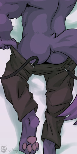 anthro bare_chest bed_sheet bedding body_pillow butt clothing fur lying male muscular muscular_anthro muscular_male nipples on_back open_mouth pawpads paws pecs pillow purple_body purple_fur scar shirt solo suggestive suit_pants suspenders tail teasing teasing_viewer topwear woopling chaos_zero_nightmare hugo_(chaos_zero_nightmare) canid canine canis mammal wolf absurd_res hi_res