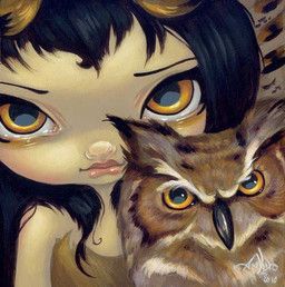 ambiguous_gender beak black_hair clothed clothing duo eyebrows feathers female feral hair lips long_hair looking_at_viewer makeup orange_eyes pink_lips pupils jasmine_becket-griffith owlyn_(jasmine_becket-griffith) avian bird great_horned_owl horned_owl human mammal owl true_owl 2010 dated formal_art low_res painting_(artwork) traditional_media_(artwork) traditional_painting_(artwork)