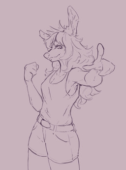 anthro bottomwear clothing ear_tuft female fist gesture hair hand_gesture long_ears long_hair long_neck looking_at_viewer messy_hair pointing pointing_at_viewer raised_arm shirt shorts smile snout solo tank_top topwear tuft pavanz pumpkin_(mamonyaz) deer mammal hi_res portrait sketch three-quarter_portrait