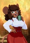 anthro blurred_background brown_body brown_hair buckteeth container cup eyewear female glasses green_eyes hair hand_on_hip holding_container holding_cup holding_mug holding_object inside looking_aside mug open_mouth red_eyewear red_glasses smile solo teeth tovio_rogers mice_tea margaret_de_campos mammal mouse murid murine rodent 2022 hi_res