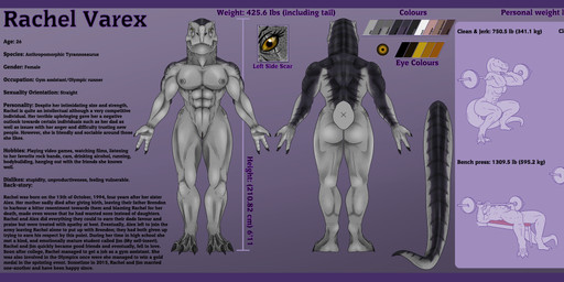 abs anthro big_butt breasts butt claws female front_view grey_body grey_scales medium_breasts muscular muscular_anthro muscular_female navel nipples non-mammal_breasts non-mammal_navel non-mammal_nipples nude nude_female overbite pose rear_view scales scar simple_background smile smiling_at_viewer solo tail teeth text thick_thighs toe_claws weights wide_hips lovemummification rachel_varex dinosaur prehistoric_species reptile saurischian scalie theropod tyrannosaurid tyrannosauroid tyrannosaurus tyrannosaurus_rex absurd_res hi_res model_sheet