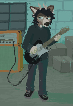 anthro black_hair bottomwear box clothing container electric_guitar fur grey_bottomwear grey_clothing grey_pants grey_shirt grey_topwear guitar hair holding_guitar holding_musical_instrument holding_object inside male musical_instrument pants plucked_string_instrument shirt solo string_instrument tan_body tan_fur topwear demensa deer mammal 2023 digital_media_(artwork) full-length_portrait pixel_(artwork) portrait