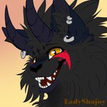 black_body black_fur ear_piercing ear_ring female feral fur open_mouth open_smile piercing ring_piercing simple_background smile solo teeth yellow_eyes ladyshajoy demon felid mammal 1:1 digital_media_(artwork) headshot_portrait paint_tool_sai_(artwork) portrait