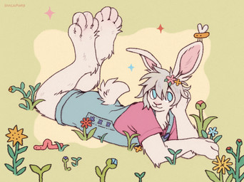 accessory ambiguous_gender anthro bangs barefoot blue_clothing blue_eyes blue_overalls clothing feet flower flower_in_hair fur grass grey_hair hair hair_accessory head_on_hand insect_wings lying on_front overalls paws perching pink_clothing pink_nose pink_shirt pink_topwear plant shirt short_hair short_tail shortalls smile solo sparkles sprout_(plant) tail topwear white_body white_fur white_sclera wings snackhorse annelid arthropod earthworm insect lagomorph leporid mammal rabbit worm hi_res