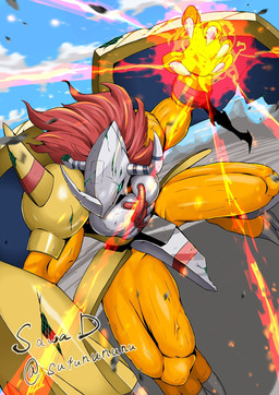 5_fingers anthro armor biped claws cloud fingers headgear helmet humanoid_hands male muscular muscular_anthro muscular_male muscular_thighs solo sutunununu bandai_namco digimon digimon_(species) wargreymon colored hi_res signature