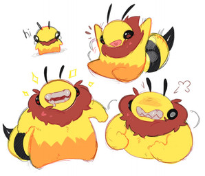 ambiguous_gender antennae_(anatomy) anthro black_eyes bodily_fluids chest_tuft chibi drooling fingers flexing insect_wings open_mouth saliva sharp_teeth simple_background smile solo stinger tail teeth text tongue tuft wings yellow_body hanaarts arthropod bee hymenopteran insect digital_media_(artwork) english_text full-length_portrait portrait