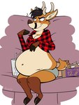 anthro antlers belly beverage big_belly black_hair bloated breasts cleavage clothed clothing fast_food female flannel flannel_shirt food furniture hair horn imminent_fart looking_down navel nervous_smile rumbling_stomach scut_tail short_tail sitting smile soda sofa solo taco tail remmyfox taco_bell lotus_lafawn deer mammal 2018 3:4 hi_res signature