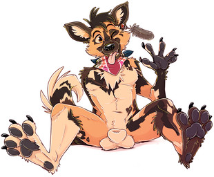 animal_genitalia anthro balls black_body black_fur black_hair black_nose brown_body brown_fur claws ear_piercing ear_ring feather_jewelry fully_sheathed fur genitals gesture hair heel_pad kerchief male nude orange_eyes padded_palms pawpads paws piercing plantigrade ring_piercing sheath tan_body tan_fur toe_claws waving white_body white_fur phantastus paint_(razim) african_wild_dog canid canine mammal 2025