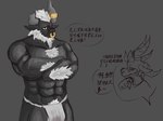 anthro beard body_hair chest_hair clothed clothing duo facial_hair grey_body horn male male/male muscular muscular_male text underwear underwear_only demonrat demos_(demonrat) stangel_(demonrat) bovid bovine caprine cattle goat horned_humanoid humanoid mammal absurd_res hi_res translated