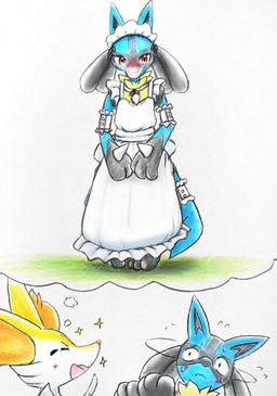 3_fingers 3_toes ambiguous_anthro ambiguous_gender anthro biped blue_body blue_tail bodily_fluids cheek_tuft closed_frown clothed clothed_ambiguous clothed_anthro clothing digitigrade duo embarrassed eyebrows eyes_closed facial_tuft feet fingers flying_sweatdrops front_view frown fully_clothed fully_clothed_ambiguous fully_clothed_anthro fur furgonomics furry_specific_accessory inner_ear_fluff knock-kneed maid_apron maid_headdress maid_uniform mouth_closed multicolored_body multicolored_fur nude_ambiguous nude_anthro open_mouth open_smile orange_body orange_fur orange_inner_ear_fluff orange_nose pointy_ears prick_ears raised_inner_eyebrows red_eyes refusing shaking_head simple_background smile solo_focus sparkles spikes spikes_(anatomy) standing sweat sweatdrop tail tail_clothing tapering_snout thought_bubble toes tuft uniform wavy_mouth white_body white_fur yellow_body eiroru nintendo pokemon braixen canid generation_4_pokemon generation_6_pokemon lucario mammal pokemon_(species) 2026 colored colored_pencil_(artwork) full-length_portrait graphite_(artwork) hi_res portrait shaded traditional_media_(artwork)