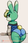 anthro ball_bulge black_eyes blonde_hair blue_clothing blue_underwear bulge bulge_from_behind butt butt_focus clothing countershading dipstick_ears ear_markings femboy fur green_body green_fur hair jacket letterman_jacket long_ears looking_back male multicolored_ears narrowed_eyes orange_nose rear_view short_tail simple_background smile solo standing tail topwear underwear yellow_tail brachyzoid animal_crossing nintendo sasha_(animal_crossing) lagomorph leporid mammal rabbit 2024