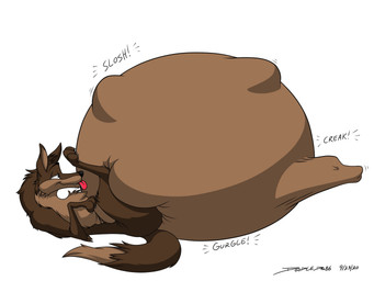 abdominal_bulge belly big_belly brown_body brown_fur feral feral_pred fur huge_belly lying on_back same_size_vore struggling struggling_prey tongue tongue_out vore wolfdan86 canid canine canis mammal wolf 4:3 hi_res