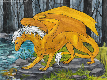 ambiguous_feral ambiguous_gender blue_eyes cheek_frill claws feral glistening glistening_eyes grass horn mane membrane_(anatomy) membranous_wings mouth_closed plant rock side_view solo tail tail_tuft tree tuft water white_horn white_mane wing_claws wings yellow_body yellow_wings heatherwolf mythology dragon mythological_creature mythological_scalie scalie