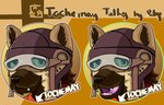 anthro brown_body brown_fur clothed clothing eyewear flight_hat fur goggles hat headgear headwear male open_mouth shirt talky_icon tan_body tan_fur tochemay topwear rdy zgf_art hyena mammal 2024 hi_res