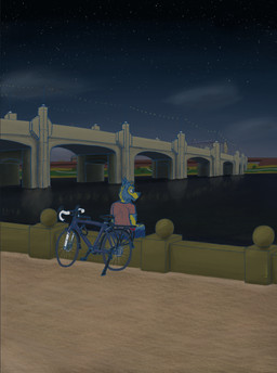 anthro bicycle bridge clothed clothing grass lake male night park path plant sitting sitting_on_wall solo tree vehicle wall_(structure) water turbo_arts turbo_(turbo_arts) canid canine canis mammal wolf absurd_res hi_res